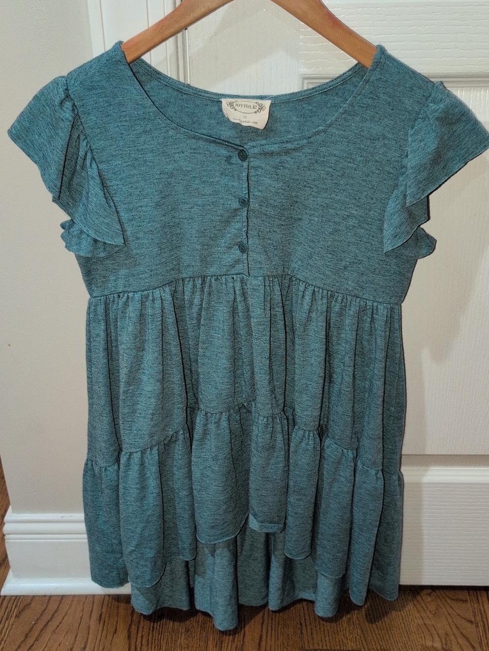 Joyfolie Teal Tiered Flutter-Sleeve Tunic Top Teal